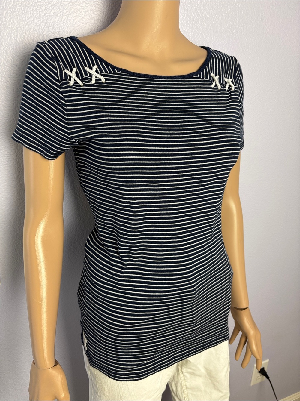 Lauren Ralph Lauren Navy & White Striped Short Sleeve Boatneck Top